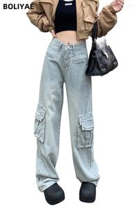Dżinsy damskie Boliyae American retro workowate kobiety wysokie talia luźne proste dżinsowe spodnie y2k moda streetwear szerokie spodnie nogi