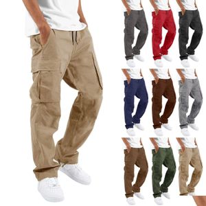 Men'S Pants Cargo Trousers For Men Fl Length Solid Color Loose Mti-Pocket Dstring Pockets Male 3Xl 240112 Drop Delivery Apparel Cloth Dhtly
