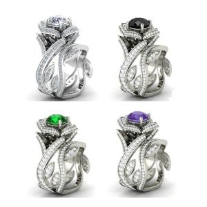 Ringe Hoyon Sliver Farb Nachahmung Sapphire/Emerald/Weiß/rosa Edelstein Ring Set für Frauen Hochzeitsblütenform Schmuckfreies Schiff