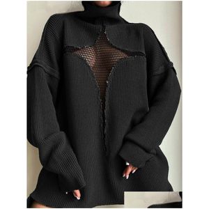 Women Sweters Y2K Star Wzór siatka patrz przez sweter kobiety z długim rękawem Turtleeck Knit Bluza jesienna estetyka luźne topy kni dh83l