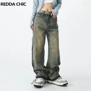 Kvinnors jeans reddachic retro 90 -talets skater baggy för kvinnor bicolor frayed stora byxor byxor lapptäcke vintage y2k koreanska streetwear