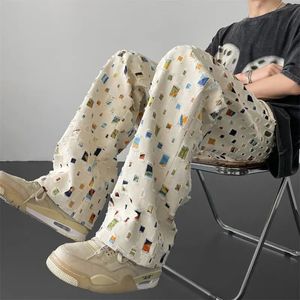 Hollow design floral pants men American retro trendy colorful plaid fake hole straight pants lace up men pants y2k clothing tops 240325