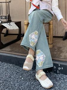 Women's Jeans Chinese Style Embroidery Print Flare Women Vintage Full Length Denim Pants Spring Summer 2024