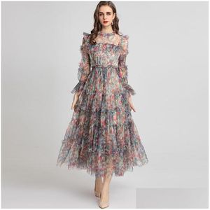 Runway Dresses Womens O Neck Printed Long Sleeves Ruffles Elegant Fashion Party Vestidos Drop Delivery Apparel Clothing Dhzfm