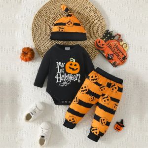 Sets Halloween 02Y Baby Boys Girls Outfits Long Sleeve Letter Romper + Striped Pants + Hat Set Infant Clothes Set
