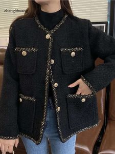 ジャケット韓国の女性のファッション小さなフレグランスジャケット秋の気質ゆるいツイードデザインのセンスOネックコートトップ231010