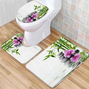 Bath Mats Set Of 3 Zen Bathroom Rugs Flowers Green Bamboo Stone Nature Scenery Low Pile Memory Foam Mat Toilet Cover U-Shaped Carpet