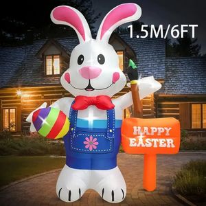 1.8M 6Ft Rabbit Eggs Inflatable Model Paintbrush Luminous Easter Decoration with LED Bunny Doll Inflatable Model Garden Decor 240415