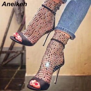 427 Nowe buty Aeikeh Summer Glitter Gladiator Air Mesh Sexy Sandals Buty Woman High Heel Peep Stope Strippel Zipper Party Cience Obcasy Pumki S 40125 S