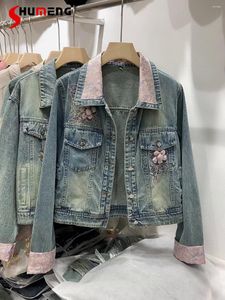 Jackets femininos 2024 Jaqueta de jeans da primavera Fashion lapela cetim costura