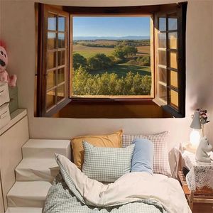 窓の風景タペストリーノルディックウォールハンギングクロムトルミトリーベッドサイド審美的な寝室の装飾用背景布240328