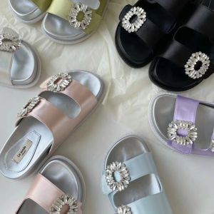 Тапочки Crystal Double Platform Slippers Women Pink/Sier Leather Band Slides Summer Shoes Flippen Flipone для женщин 2022