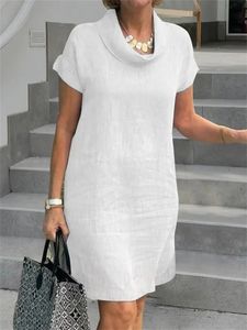 Plus Size Summer Women Chic Casual Dresses Simple Style Comfy Solid Stacked Collar Short Sleeve Midi Dress Vestidos 2023 240403