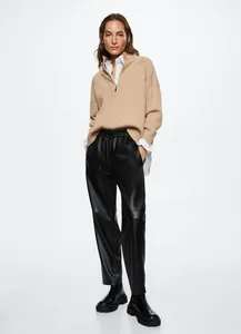 Women's Pants 2024 Genuine Leather Casual Trend Fashion Straight Cut Design Elastic Waistband Sheepskin