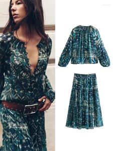 Work Dresses 2024 Women Long Skirt Set Casual Sleeve Print Shirts High Waist Slim Ankle-Length Skirts