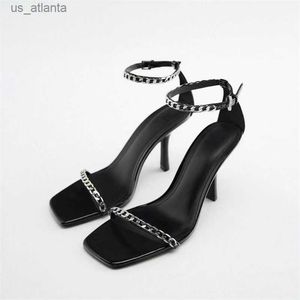 Dress Shoes TRAF Women High Heeks Black Sandal Rhinestone Chain Ankle Straps Stilettos Pumps Square Round Open Toe Slingbacks H2404035MI7