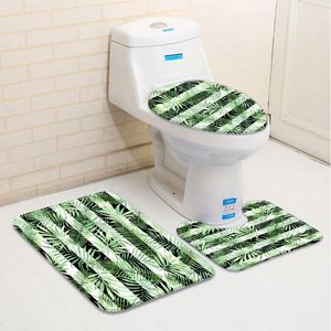 Bath Mats Set 3 Bamboo Leaves Bathroom Rugs Striped Tropical Rainforest Green Low Pile Memory Foam Mat Toilet Cover U-Shaped Carpet