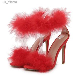 Отсуть обувь Liyke Summer Fashion Fauxe Murs щинка Сандалии Сандалии с открытыми лужами пушистые перья высокие каблуки Сандалия De Mujer H240403iyii