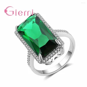 Cluster Rings Luxury Rectangle Green Clear Zircon Ring Paved Full White Crystal Charm 925 Sterling Silver Jewelry Grave S Stamp