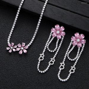 Halsbandörhängen Set Luxury Geometry Flower Pink CZ Tennis Chain Earring For Women Wedding Evening Party Dinner Dubai Jewelry Gifts S367
