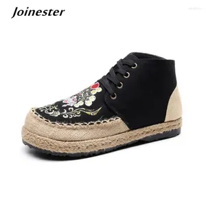 Casual Shoes Women Cotton Embroidered Girls High-Cut Vintage Wide Toe Leisure Sneakers Lace-Up Non-Slip Flat Heeled