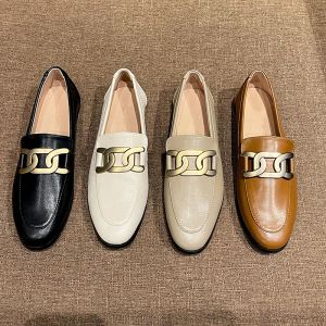 Oxfords 3443 Large Size Spring Autumn Metal Decorative Black Designer Flat Women Shoes Brown Loafers Driving Shoes Pumps Khaki Mules