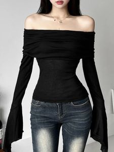 Y2K Estetik Kadınlar Yürütme Tesli Tişörtler Slash Boyun Uzun Kollu Katı Sıradan T-Shirts Vintage Off Omuz Seksi Sevimli Tshirts 240325