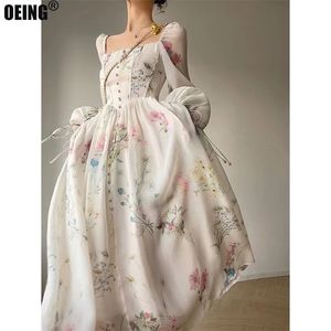 2023 Summer Korean Style Floral Evening Party Dresses Chiffon Long Sleeve Beach Midi Fairy Dress Vestidos de Ocasion Formes 240403