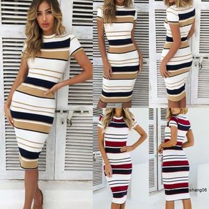 Quick Sale Spring/summer Striped Round Neck Short Sleeve Slim Fit Mid Length Dress