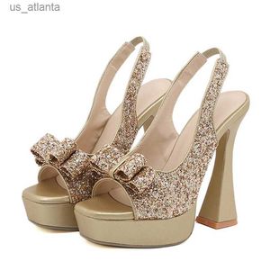 Vestido sapatos liyke punway estilo glitter lantejacho bowknot mulheres bombas sexy peep dedo alça traseira sandálias de ouro saltos saltos de casamento baile h240403icej