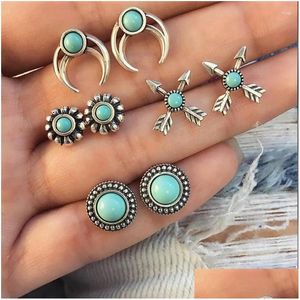 Stud Earrings 8Pcs/Set Ethnic Wind Wedding Jewelery Bohemia Blue Round Resin Opal Charm Metal Rudder Pine For Drop Delivery Otf18