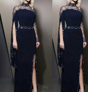 2023 Aftonklänningar bär High Neck Navy Blue Kaftan Dubai Crystal Pärled Chiffon Longeple's Party Clows Modest Robe de Soiree S1576481