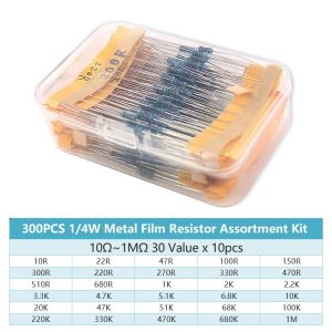 300/600 st 1/4W metallfilmmotstånd Box Power Motstors Kit: 30 Values ​​10Ohm ~ 1M Motstånd 1% uppsättning motstånd DIY elektronisk