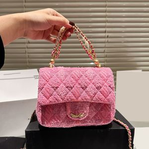 24P Womens Classic Mini Flap Square Quilted Tweed Fuchsia Black Bags With Pearls Chains Handle Totes Gold Metal Hardware Matelasse Chain Crossbody Handbags 17CM