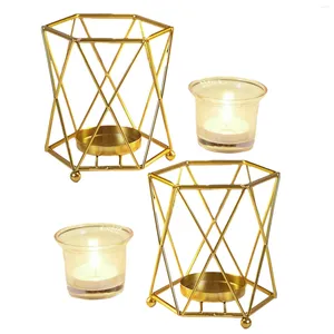 Titulares de vela 2pcs portador de tealight simples linhas geométricas do quarto mesa de metal da peça central decoração de casa hexagon com xícaras de vidro Desktop