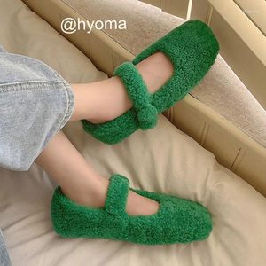 Casual Shoes Fashion Green Lambhair Women Shallow Flats Square Toe Strap Loafers Apricot Warm Plush Winter Moccasins Black Creepers