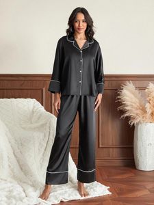 Home Clothing Women S Y2K 2 Piece Satin Pajamas Sets Long Sleeve Button Down Shirt And Pants Set 2024 Trendy Loungewear