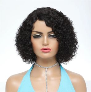 Perucas Jerry Curly Human Hair Wig com BANG Short Bob Full Machine Made For Black Women Women Natural Color 180 Densidade 5x1 Peruca parte
