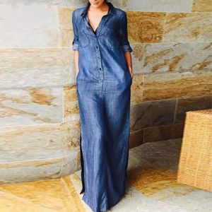 Domande da donna primaverile autunno vestito di colore solido in denim a manicotto lungo la caviglia del pulsante diviso più taglie taglie taglie maxi abito 240323 240323