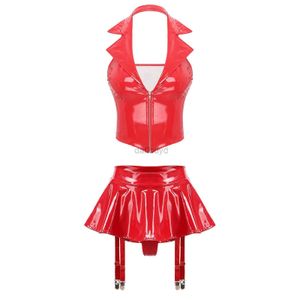 Urban Sexy Dresses Womens Sexy Lingerie Set Wet Look Patent Leather Halter Vest with Miniskirt Built-in Thongs Garter Clips Pole Dancing Clubwear 240403