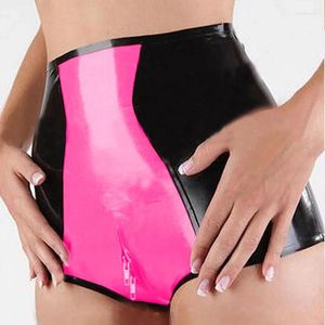 Women's Shorts Wetlook PVC Leather Patchwork Black Underpants Sexy High Waist Zip To Crotch Panties Party Clubwear Sissy Fetish
