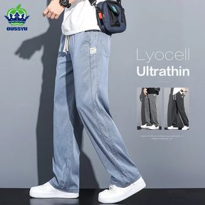 Summer Soft Lyocell Fabric Mens Jeans Thin Loose raka byxor Drawstring Elastic midja Korea Casual byxor plus storlek M5XL 240319