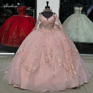 Romantik 3d Çiçek Aplikes V yaka balo elbisesi Quinceanera Elbiseler Boncuk İnci Nakışları Dantel Zemin Uzunlukta Resmi Elbise Günü Gowns Sarma