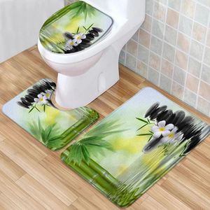 Badmatten Set aus 3 Zen Badezimmer Teppiche weiße Blumen grüner Bambus Stein Landschaft Low-Stapel-Speicher Schaummatten Toilettenabdeckung U-förmiger Teppich