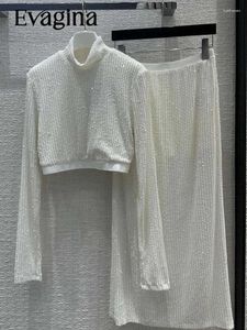 ワークドレスエヴァギーナファッション滑走路秋白いエレガントスパンコールハーフスカートスーツの女性スタンドカラールーズロングスリーブトップスa-line