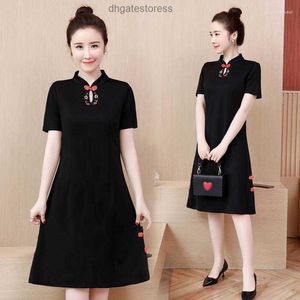 Etniska kläder 2023 M-4XL Plus Size Vintage Black Embroidery Chinese Traditionell Qipao Casual Party Women Midi Dress Summer Cheongsam