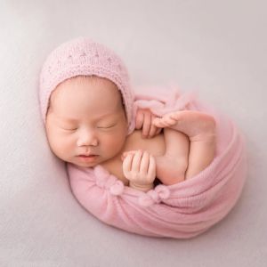 Baby Pink Stretch Knit Wrap Zestaw kapeluszu Nowonarodzony Sweter Fotografia Photography Baby Swaddle Bolit Warstwa Rekwizyty