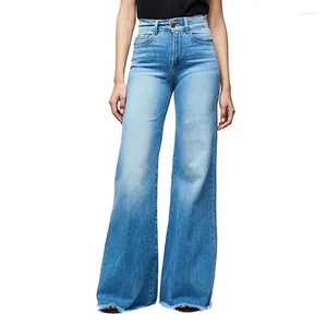 Kvinnors jeans sommar och hösten hög midja något stövla stretch smala flare breda benbyxor kvinnor mörkblå