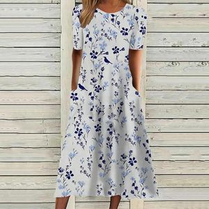 Casual Dresses Women Summer Dress Floral Print O Neck Short Sleeve Midi A-line Pockets Loose Hem Mid-calf Length For Daily