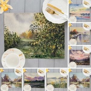 Bord Mattor Floral Tree Cotton Linen Kitchen Placemat Mat Oil Målning Landscape Dining River Lake landskap Kaffekudde